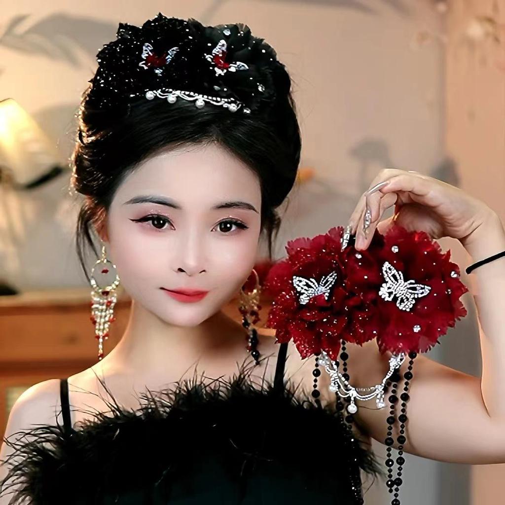 Large Bright Silk Flower & Feather Bead Tassel Hair Clip for Women's Updo