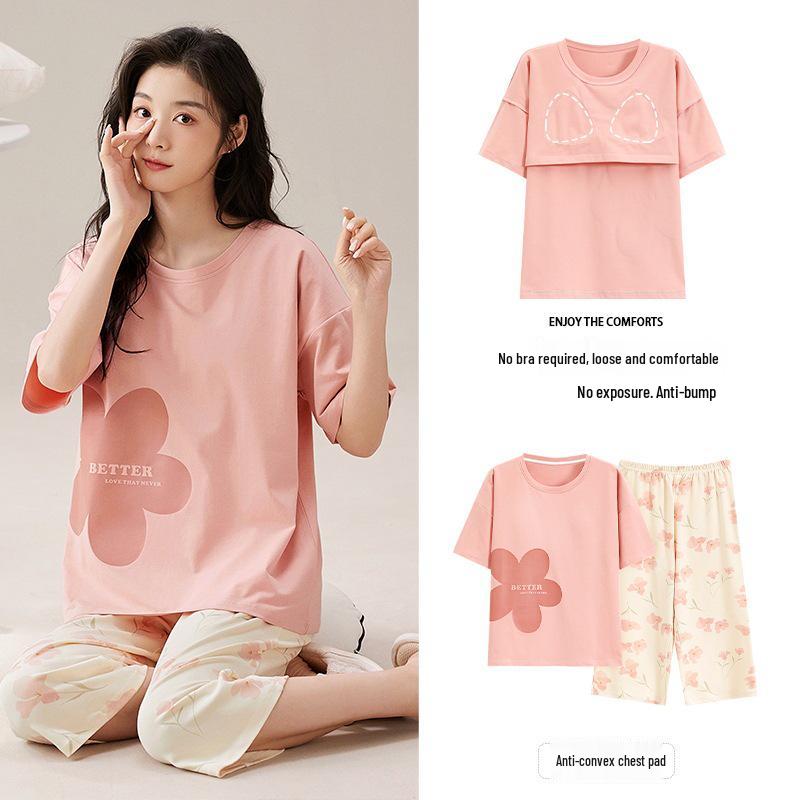 2025 Women's Summer Capri Pajama Set: Short-Sleeve, Thin Cotton with Breast Pads, Versatile for Home or Outside Wear
