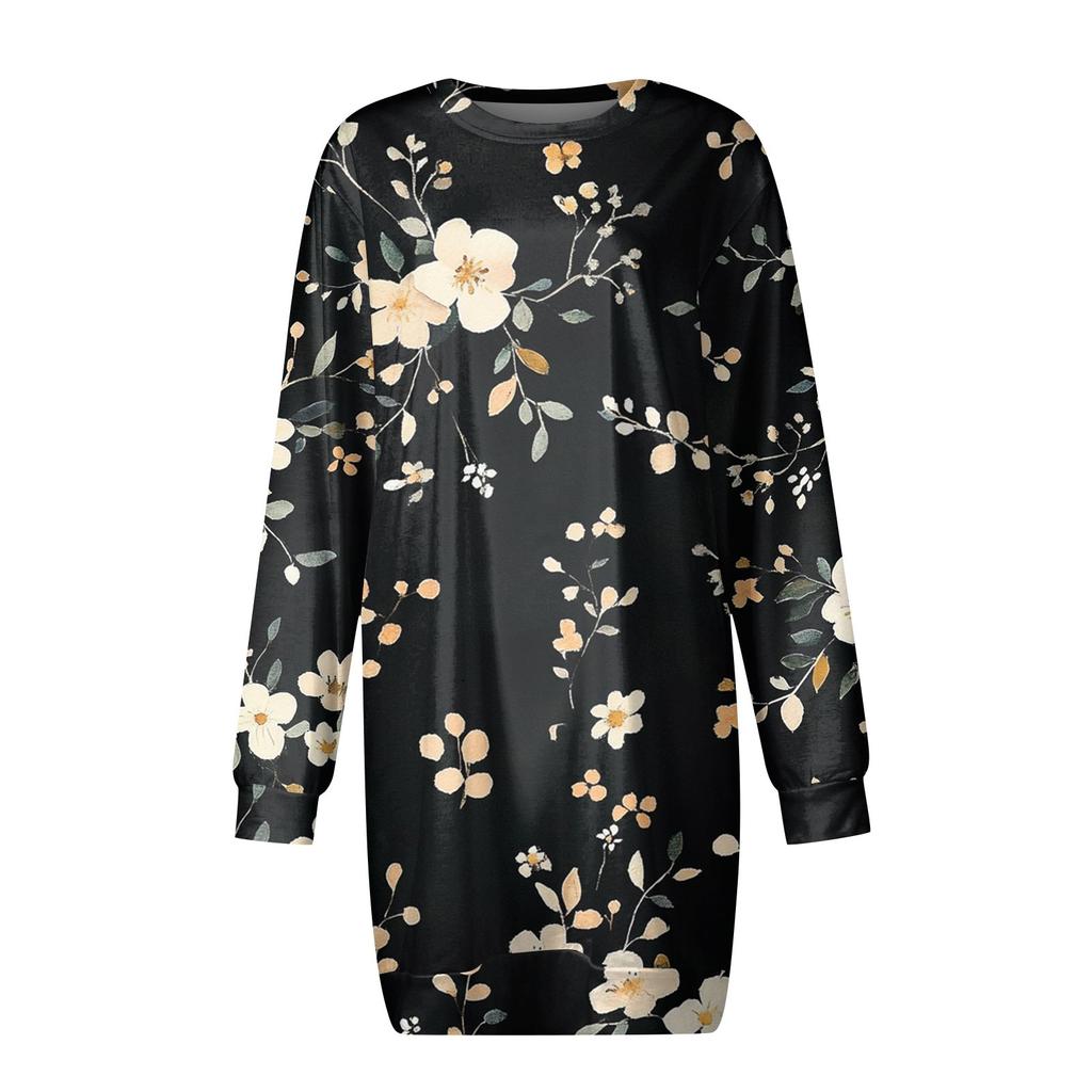 Women's Round Neck Vintage Floral Print Long Sleeve Wrap Dress Sweatshirt Dresses