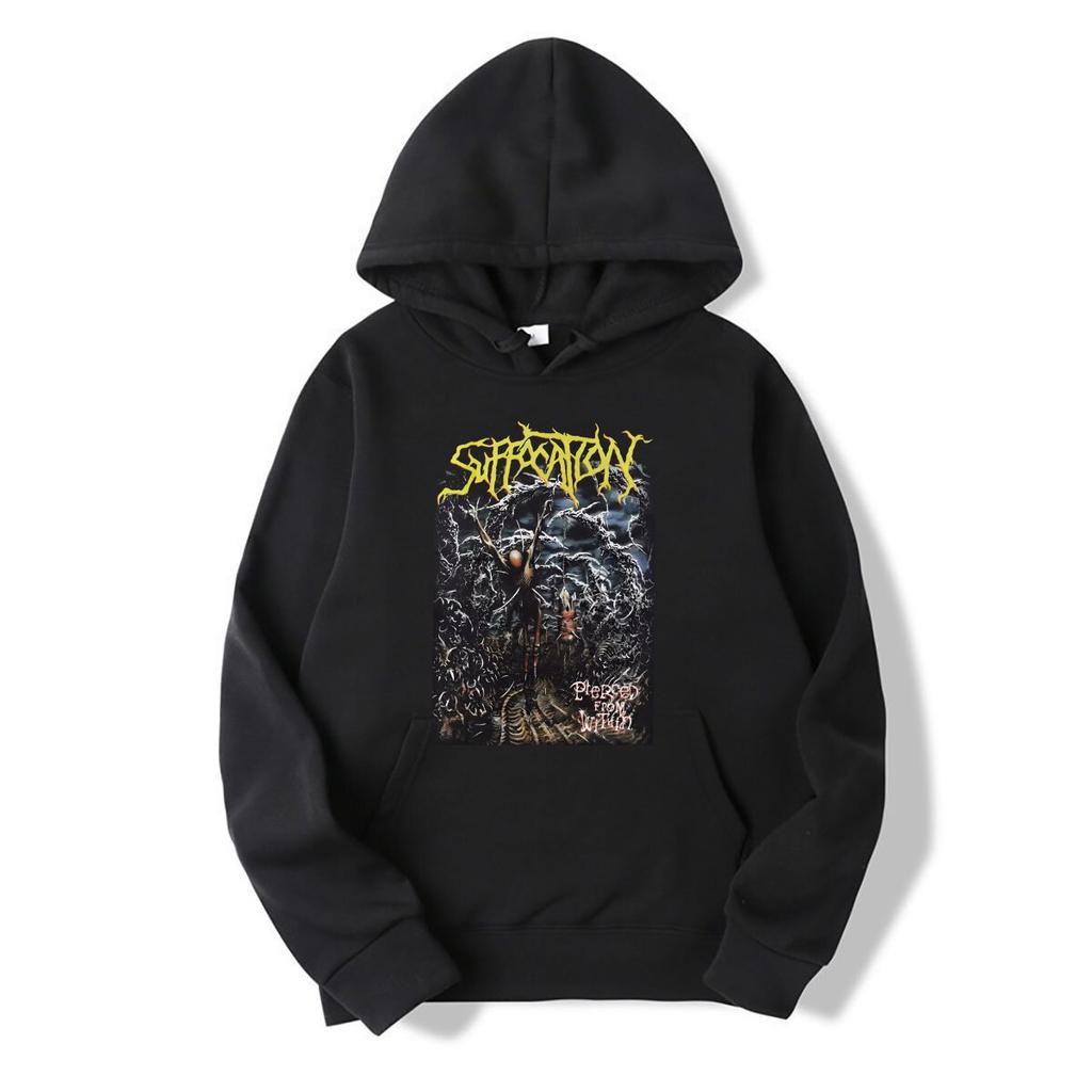 Černé mikiny s kapucí Hot Suffocation Band, bavlna, velikost S 234XL, RM320, s dlouhým rukávem nebo rukávem