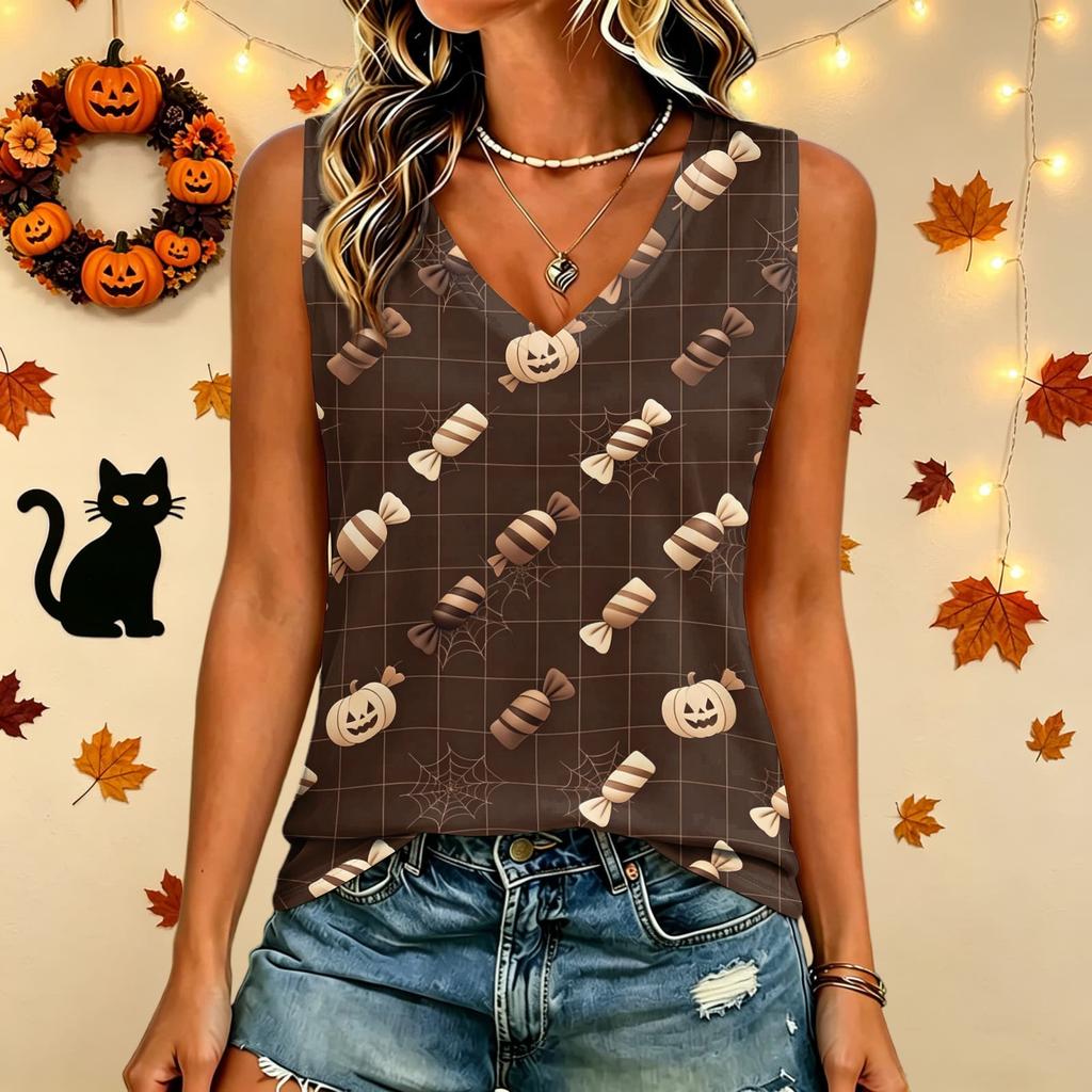 Women's V-Neck Casual Top with Halloween Print for Holiday Parties