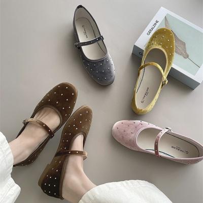 Rivet Decor Velvet Mary Janes Shoes Women Round Toe Elegant Ballet Flats Shoes Ladies Buckle Strap Spring Autumn Loafers