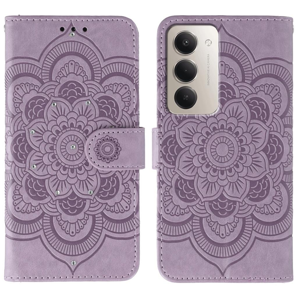 For Xiaomi Redmi 15 5G Case Rhinestone Decor PU Leather Mandala Imprinted Design Phone Cover with Wrist Strap