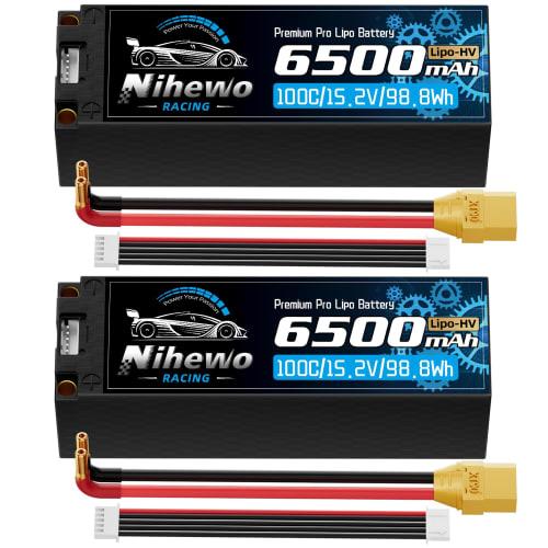 Nihewo 2-Pack 4S LiPo Battery, 15.2V High Voltage, 6500mAh, 100C, Hard Case, 5mm Banana Plug + XT90 Connector Compatible, for RC Cars, Trucks, Tuggys,
