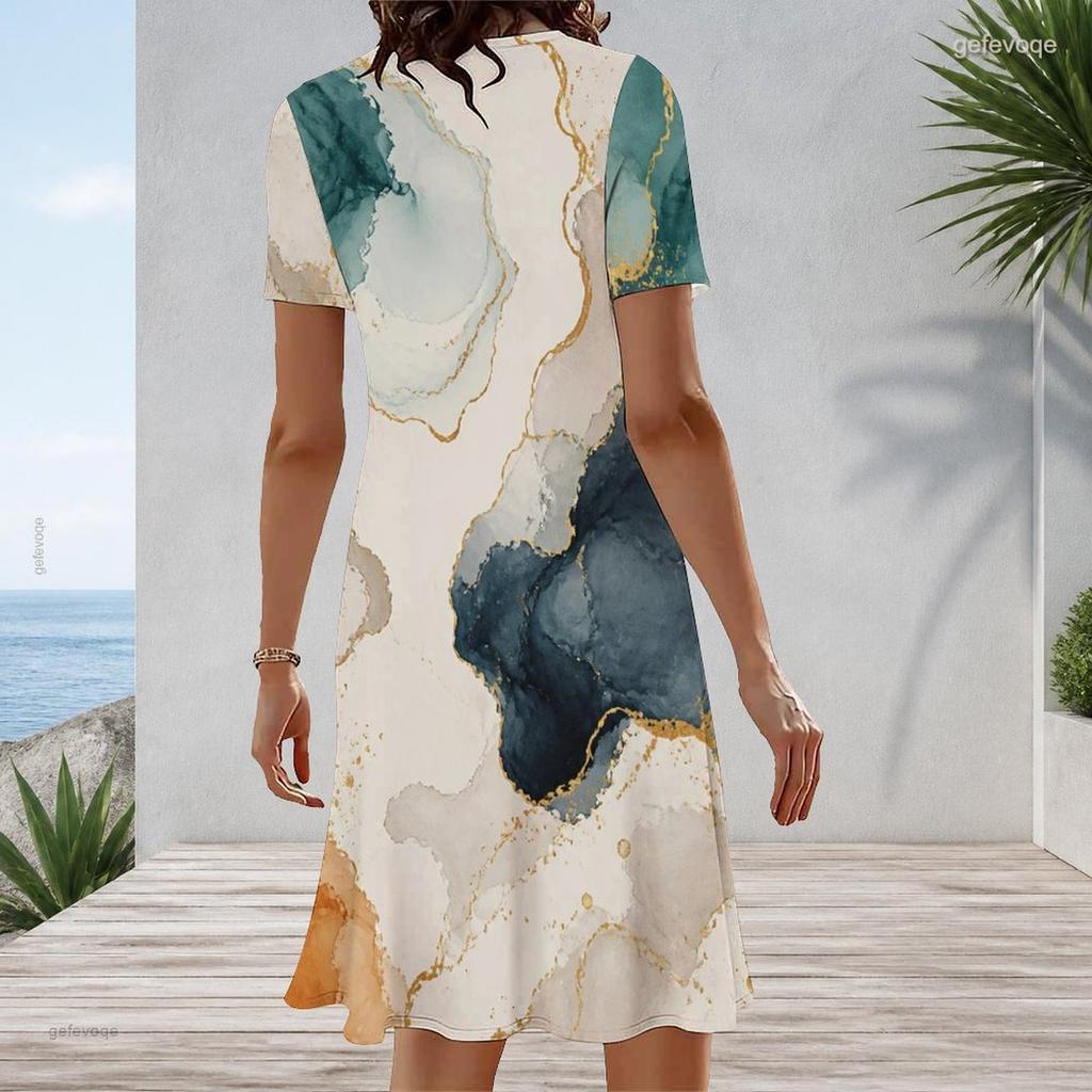 Women Plus Size Round Neck Short Sleeve Printed A Line Midi Dress
