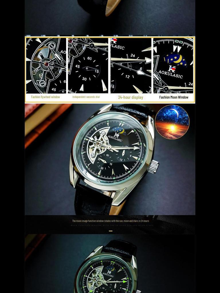 Men's High-End Hollow Flywheel Mechanical Watch - Automatic, Waterproof, Luminous, Moon Phase, Multifunction.