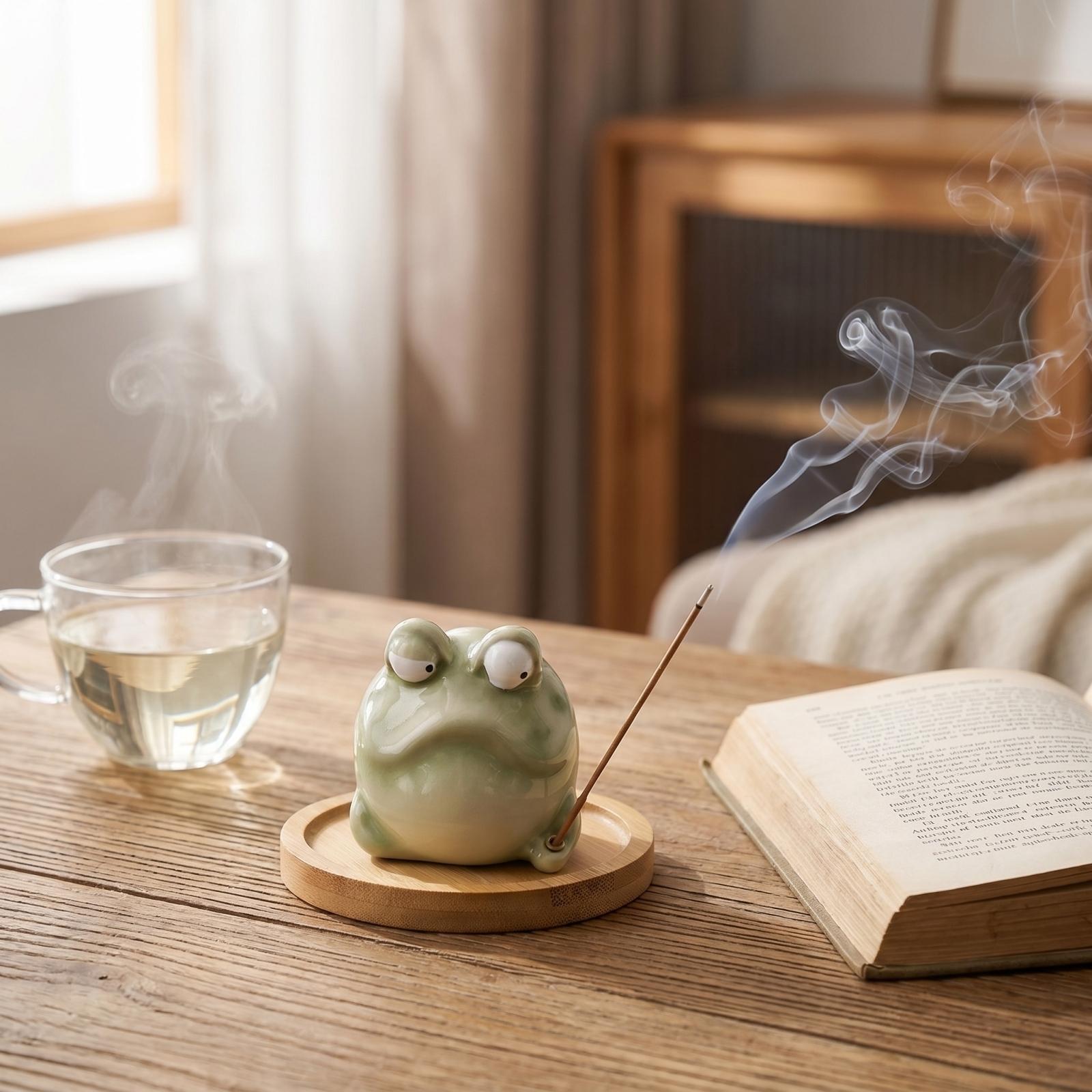 

Creative Frog Incense Holder with Wooden Round Tray Set Includes 40 Incense Sticks Unique Home Decoration Piece for Indoor Use one size зелений