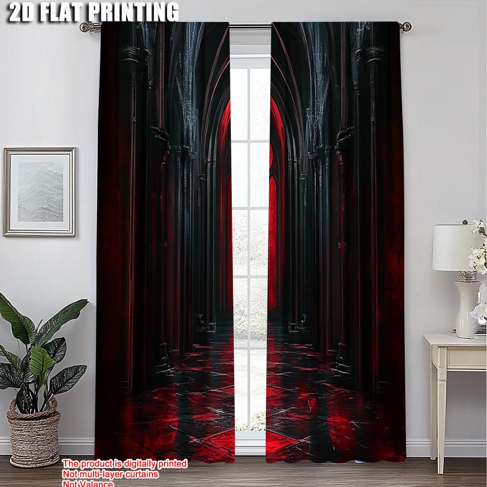 2pcs   Fashionable Curtains 2D print Gothic Archway Black and Red Machine Washable (without rod) Thermal Insulation   and Room