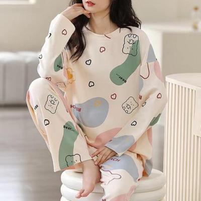Women's Pajama Set 2pcs/set O Neck Long Sleeve Mid Waist Elasticized Loose Pajama Set