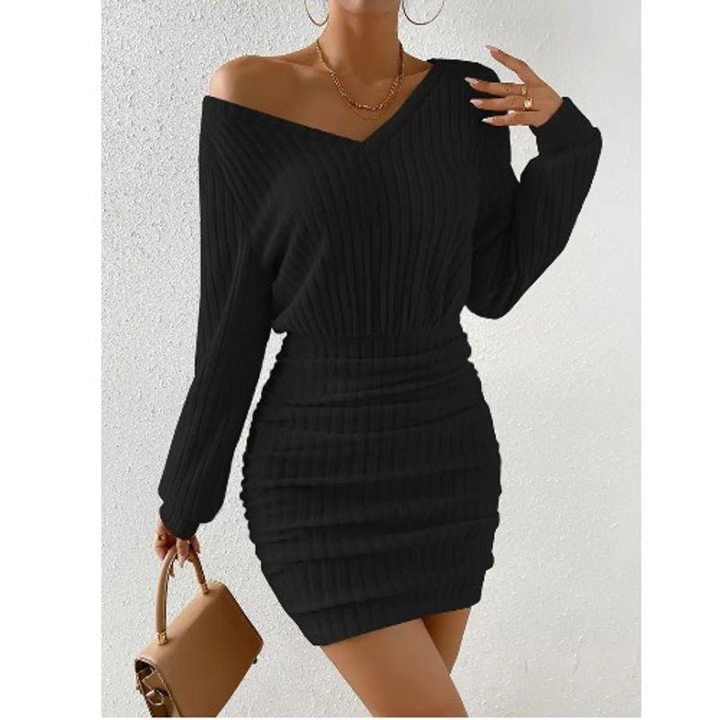 

Маленькое новое осенне-зимнее модное однотонное платье-футляр с V-образным вырезом, шлифовкой и углубленной полоской, двойного назначения, облегающего кроя, с длинным рукавом, женское Black M