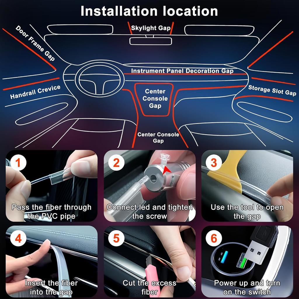 Interior Car LED Lights Wireless APP Control 5 In 1 RGB Ambient Lighting Kit With 236" Fiber Optic, 16 Million Colors Music Sync Waterproof LED Strip