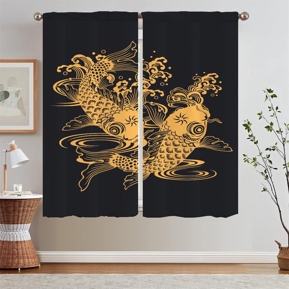 Chinese Style Koi Short Window Curtains for Living Room Bedroom Decoration Black Out Curtains 2 Pcs Set Chiffon Curtain Tiebacks