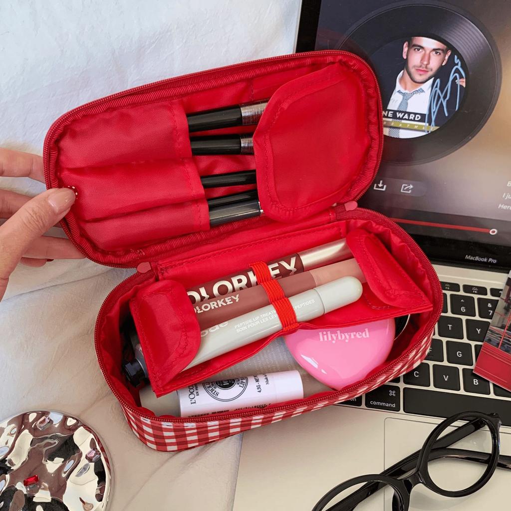 New Red Plaid Cosmetic Bag Women's Large-capacity Portable Travel Toilet Bag Cosmetics Portable Storage Bag