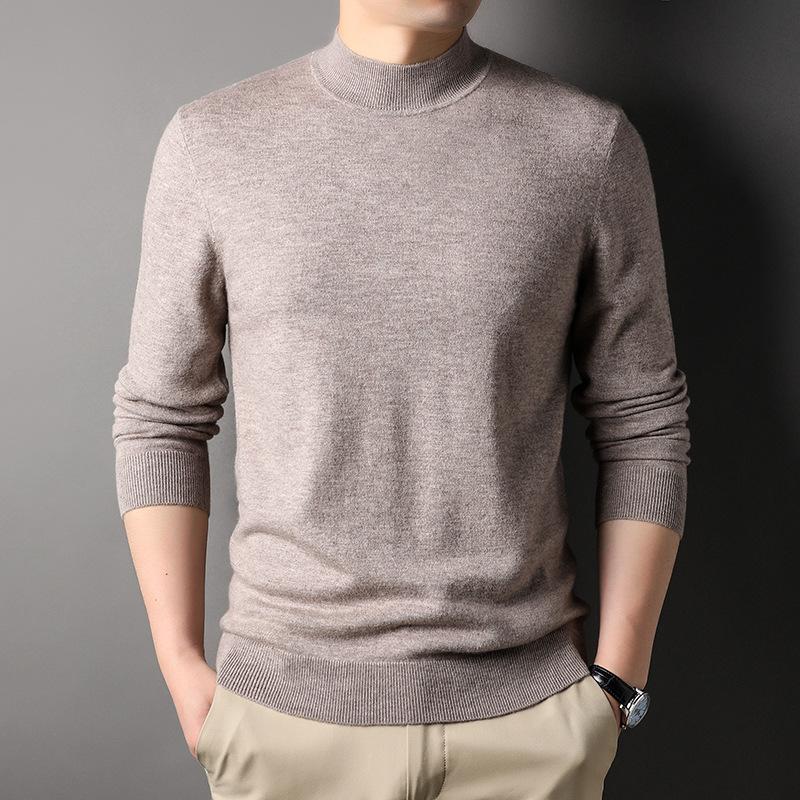 Machine Washable Thickened Full Wool Men's Half Turtleneck Sweater Versatile Solid Color Warm Knitted Base Sweater Men