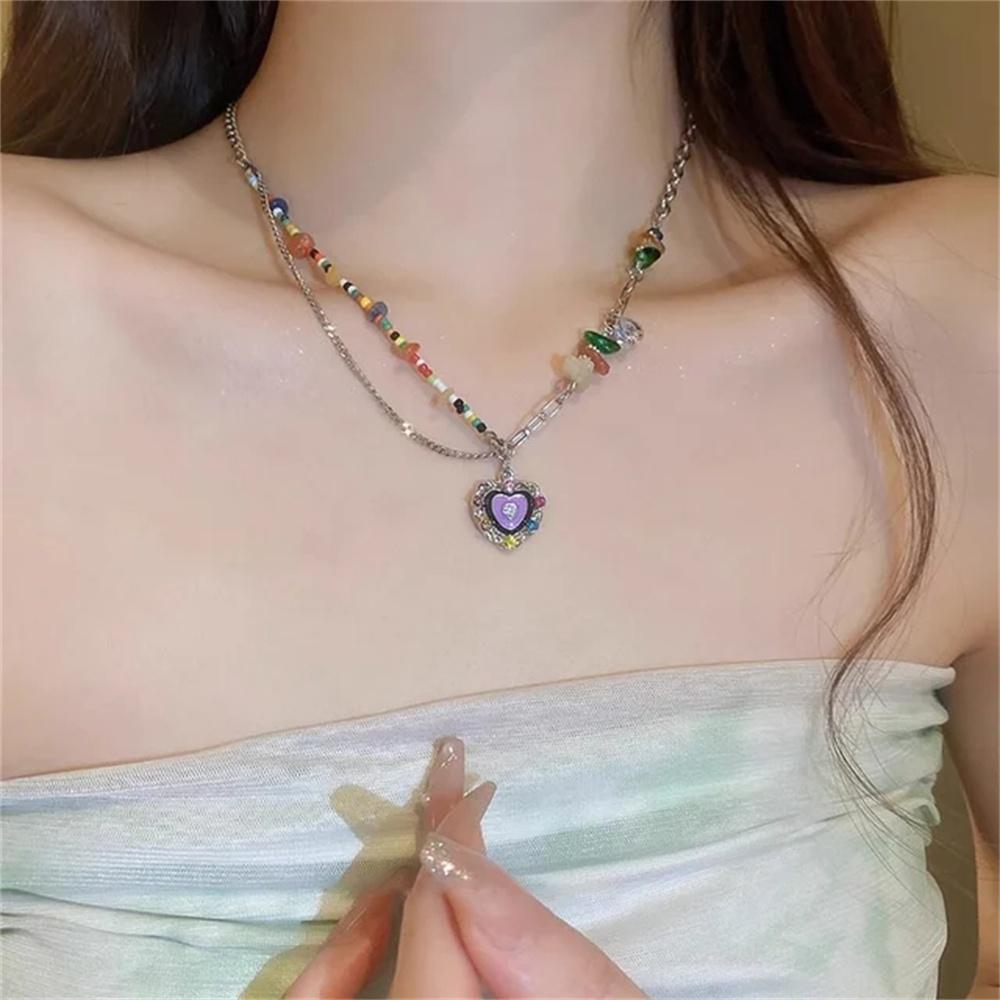 Boho Colorful Love Heart Beaded Necklace For Women Fashion Dopamine Girls Resin Clavicle Chain Choker Jewelry Y2K Accessories