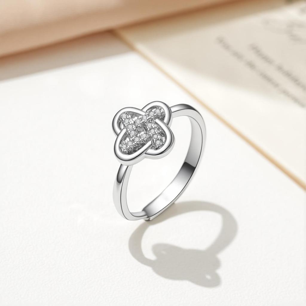 Women's Cross Clover Ring with Inlaid Diamond Zirconia - European & American Fashion Adjustable Open Index Finger Ring