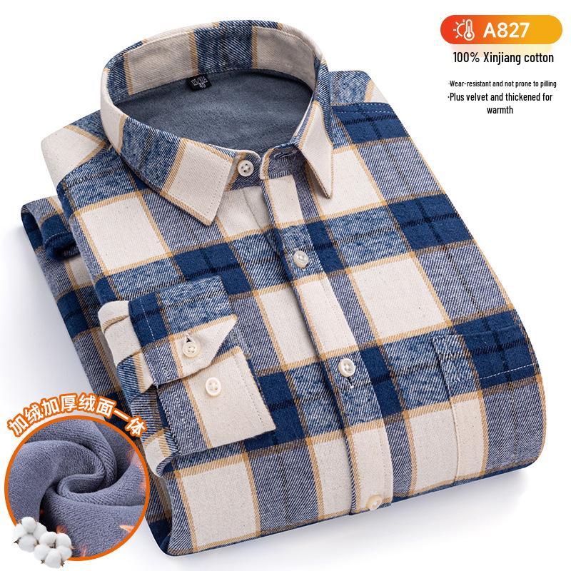New Plus Size Velvet-Lined Men's Pure Cotton Plaid Shirt - Warm, Thickened for Autumn/Winter Cold Protection