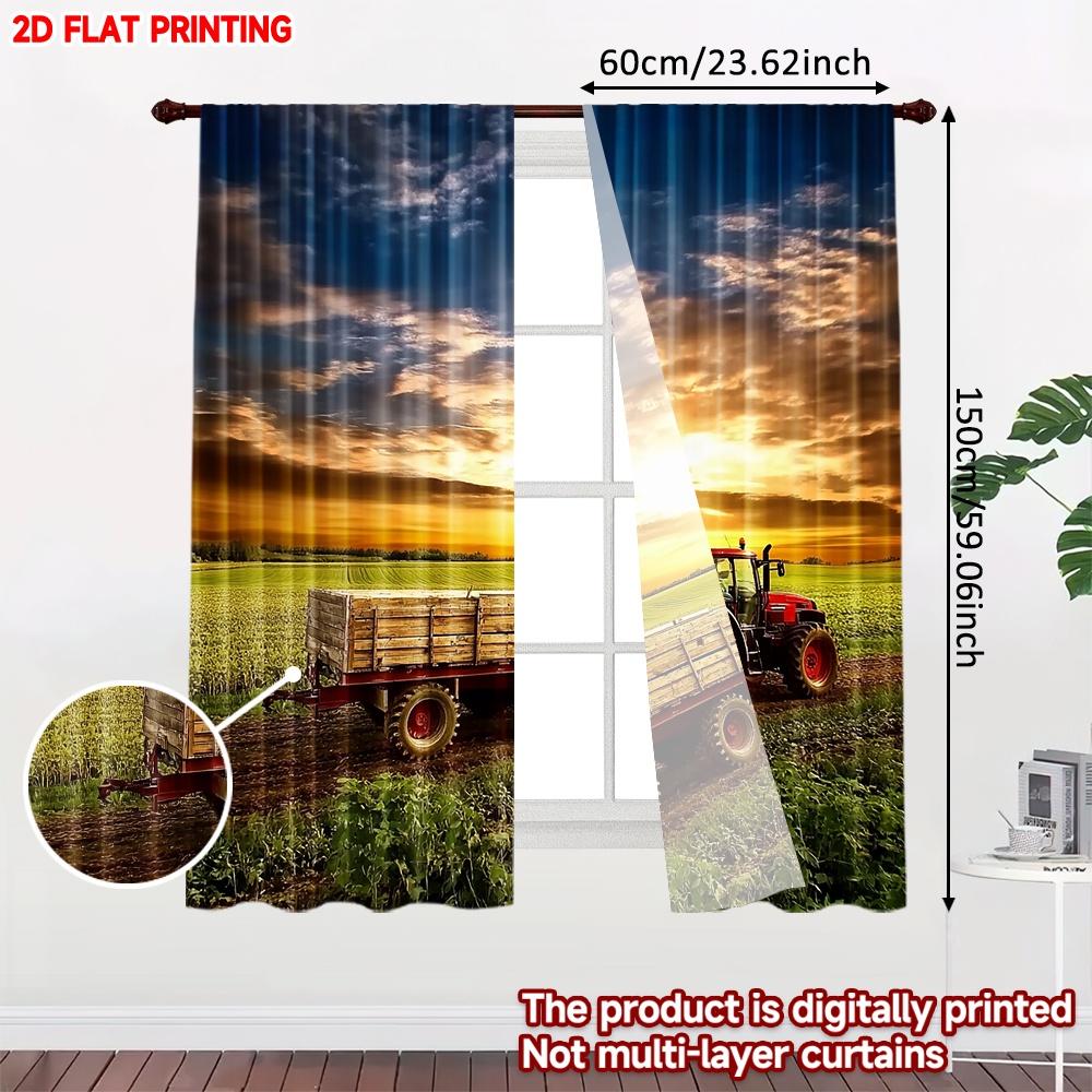 2D flat printing 2pcs Window Treatment Curtains Sunset Farm Tractor Digital Printed Polyester Drapes Festive Wall Decor Perfect