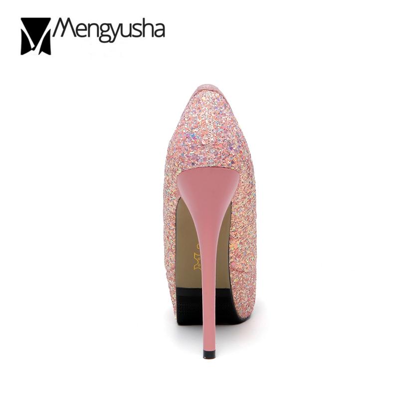 Wedding Party Shoes Women Sexy Super high heels White/Silver/Pink glitter Pumps Bling Pointed toe platform shoes zapatos mujer