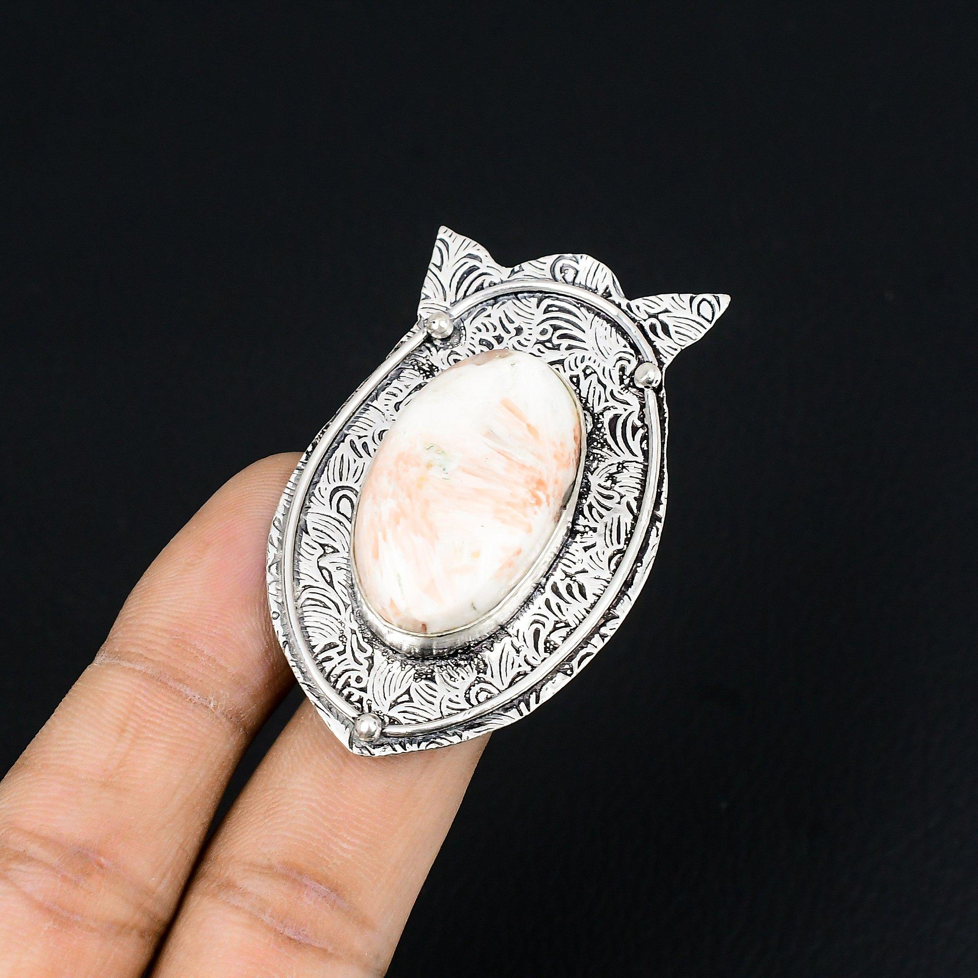 Mothers day Deal Oval Natural Scolecite Statement Boho Ring 925 Sterling Silver 9