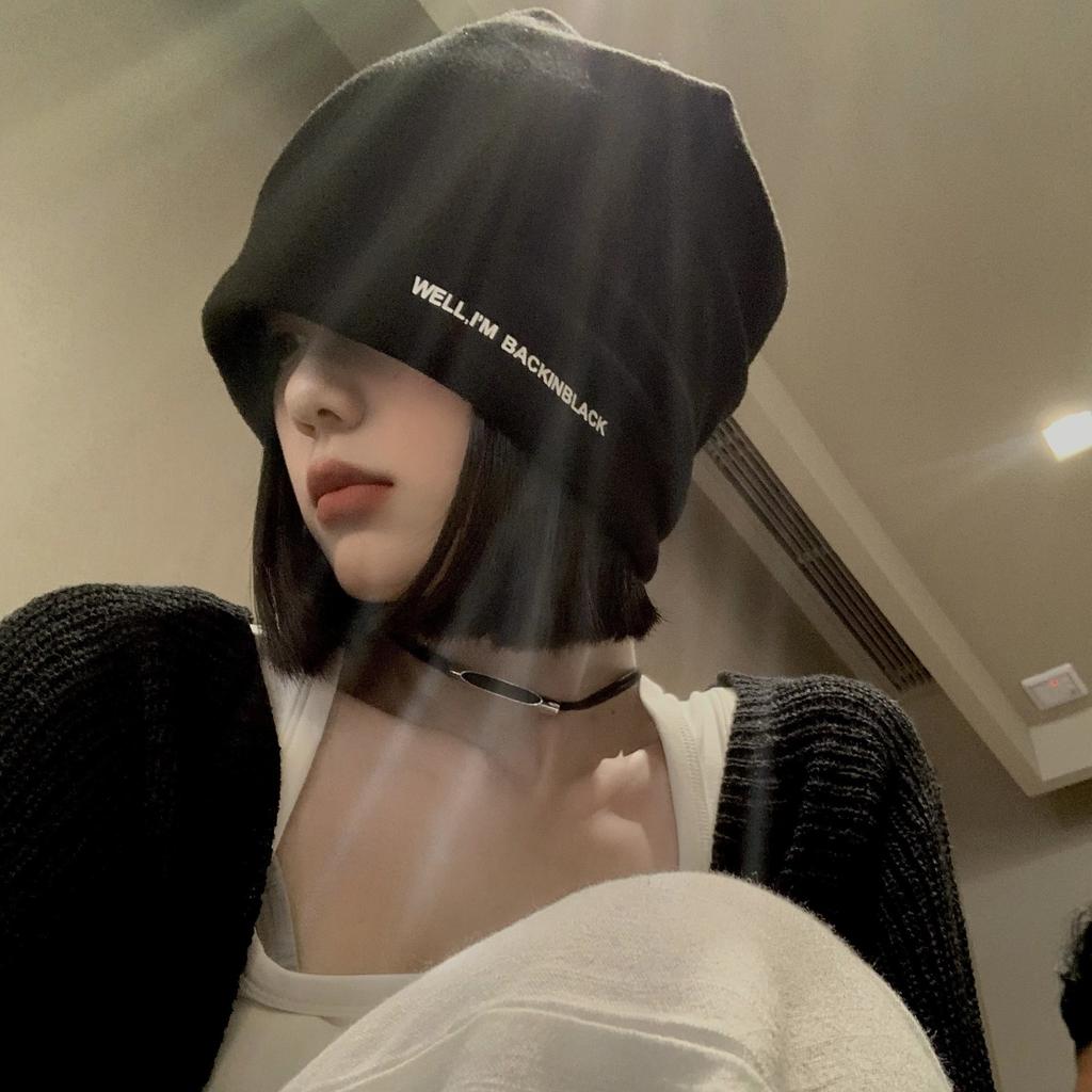 Letter Black Stack Hat Women's Autumn and Winter Leisure Big Head Circumference Showing Face Small Bag Head Cold Hat Warm Confinement Hat