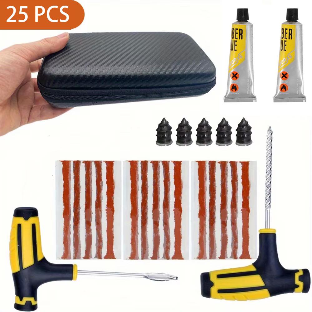 Tire Repair Kit Emergency Tyre Puncture Plug Tool Set with Repair Glue & Rubber Strips for Car Motorcycle Bicycle