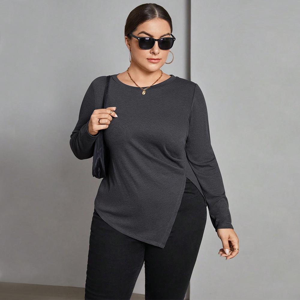 European and American large-size women's clothing spring and summer long-sleeved t-shirt fat mm irregular split-ended versatile bottoming slim-fit top
