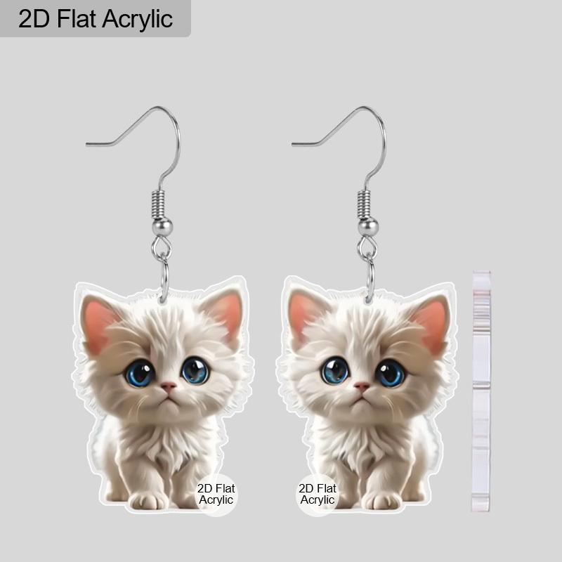 2D Flat Cat Dangle Earrings for Women Cute Cartoon Animal Drop Dangling Earrings Acrylic White Cat Flower Earrings Hallowmas Jewelry