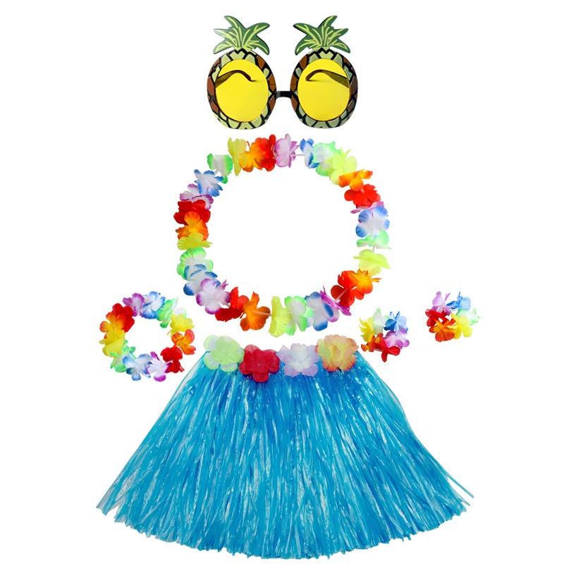 Hawaiian Tropical Party Combo 30CM Grass Skirt 4 Leis 6 Pineapple Glasses Decor