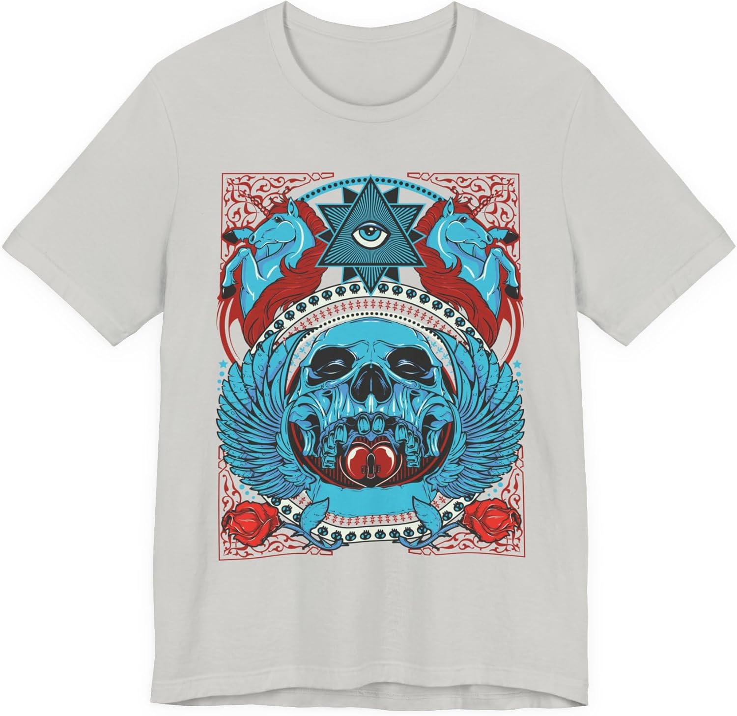 All-Seeing Skull Illustration Tee Winged Skull Third Eye Roses T-Shirt S разноцветный