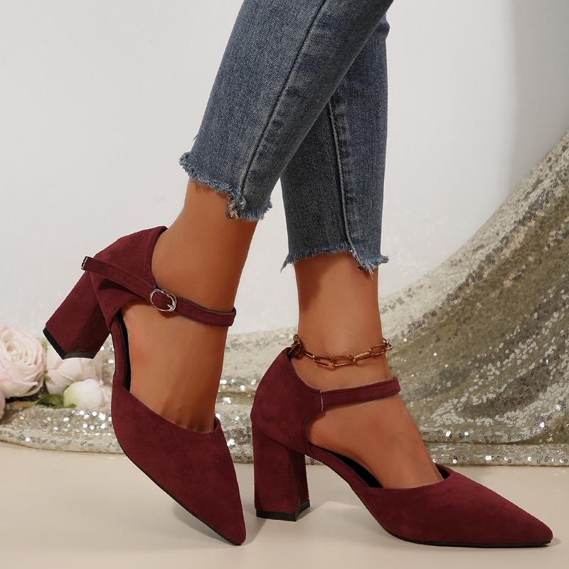 Ladies Shoes Ankle Buckle Strap Women's High Heel Elegant Dress Pumps Women Pointed Toe Solid Chunky Heels Shallow Sandals