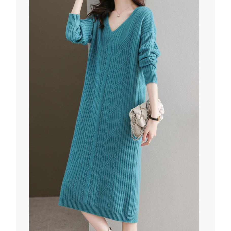 V-neck knitted dress women's autumn and winter temperament plaid long loose large size bottoming sweater skirt