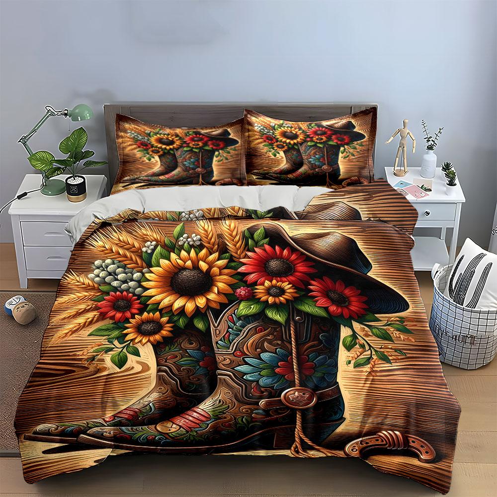 Western Boots with Sunflowers Bedding Duvet Cover Set  (1*Duvet Cover 2*Pillowcases, without duvet insert)