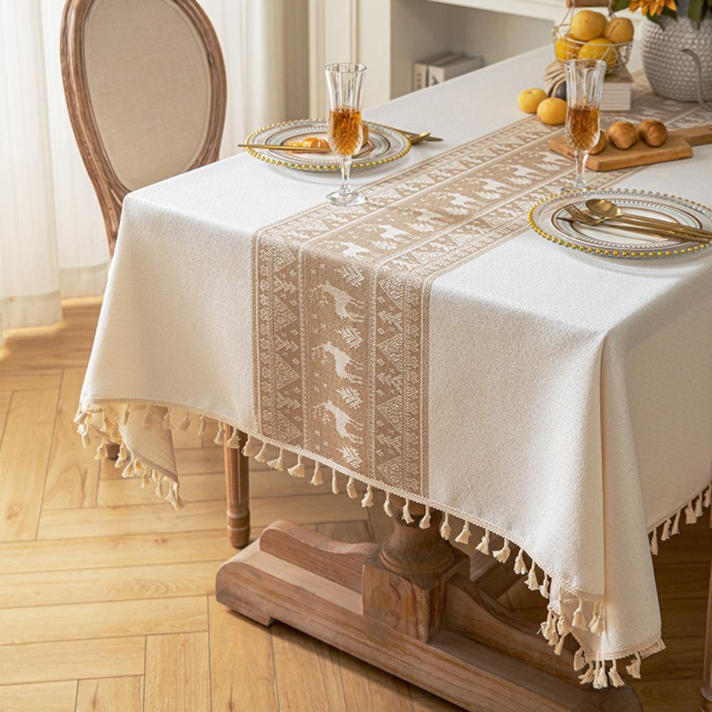 Christmas Reindeer Tablecloth Linen Cotton Rectangular Table Cover with Fringe Luxury Dining Table Decor