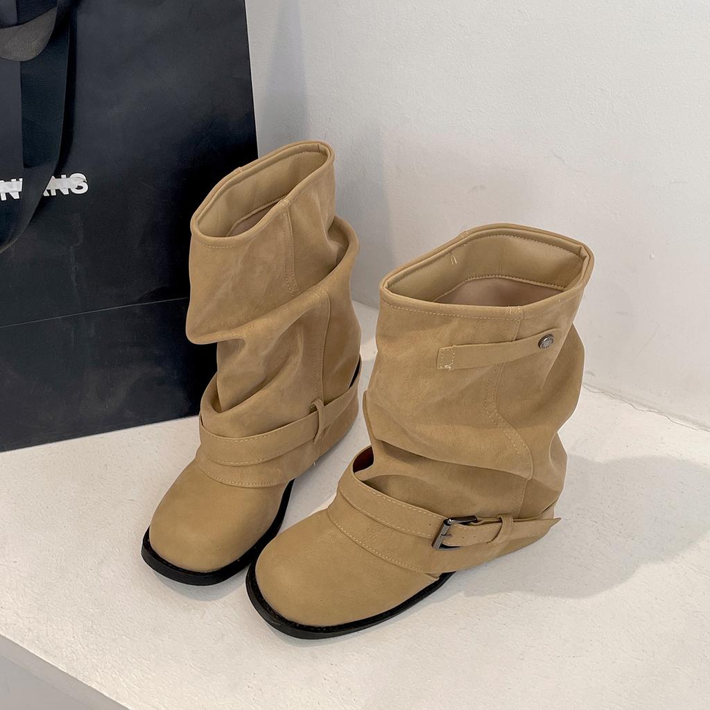 Queen Fan Khaki Retro Thick Heel Heightening Boots Women's 2025 New Autumn with Skirt Thin Trousers Short Boots