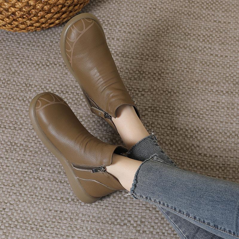 GKTINOO Autumn Winter Genuine Leather Flat Ankle Boots For Women Warm Boots Side Zipper Soft Comfortable Cow Leather Botas