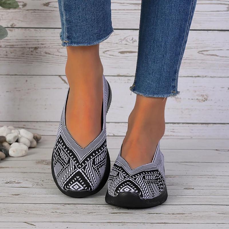 Fashion ZOKI Fashion Striped Loafers Shoes Women Summer Slip-on Breathable Knitting Flats Woman Comfort Non-slip Soft Bottom Sneakers