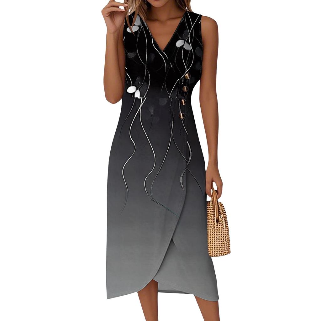 Women's Casual V-Neck Spring/Summer Sleeveless Button Retro Print Dress