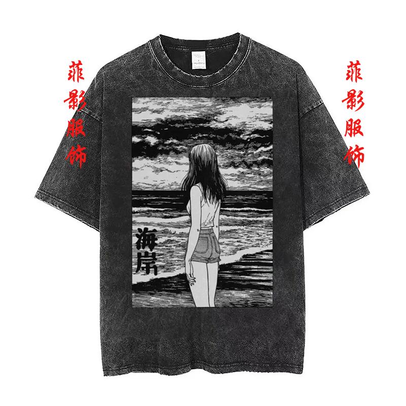 T-shirt Hip Hop a Maniche Corte Lavata Retrò Junji Ito Tomie Stile Vintage Girocollo Casual Giovanile Tendenza Collezione Estiva