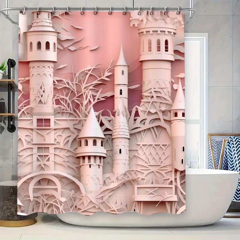

Vintage Pink Castle Shower Curtain Handmade Paper Cut Design for Bathroom Decor Luxury Home Accessories Easy Installation Water- 90x180cm