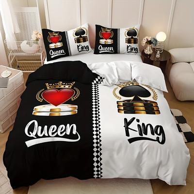 King Queen Crown Print Duvet Cover Soft Breathable Bedding for All Seasons Includes 1 Duvet Cover and 2 Pillowcases