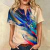 Women Short Sleeve Henley Button Neck Shirt Linen Cotton Blend Casual Chest Pocket Printed Top