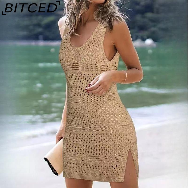 BITCED Women's Swimwear Cover-Up Summer Sleeveless Tank Top Sun Protection Knit Lace-Up Swimsuit Beach Dress