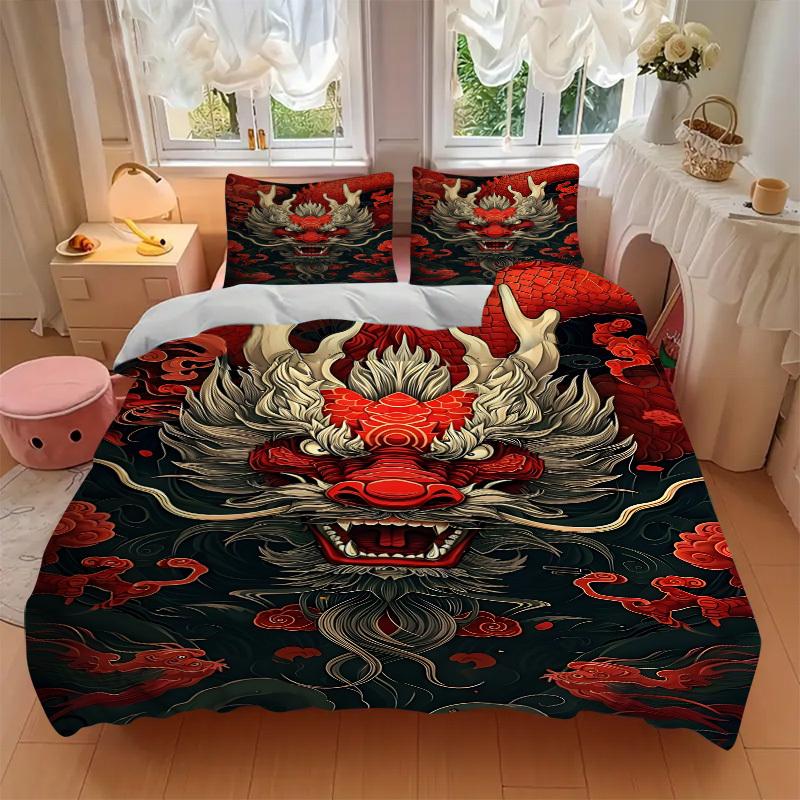 3PCs Traditional Dragon Design Design Cover Set, Breathable Fabric, Machine Washable (1 Duvet Cover + 2 Pillowcases) (Without Quilt) Yy250911165