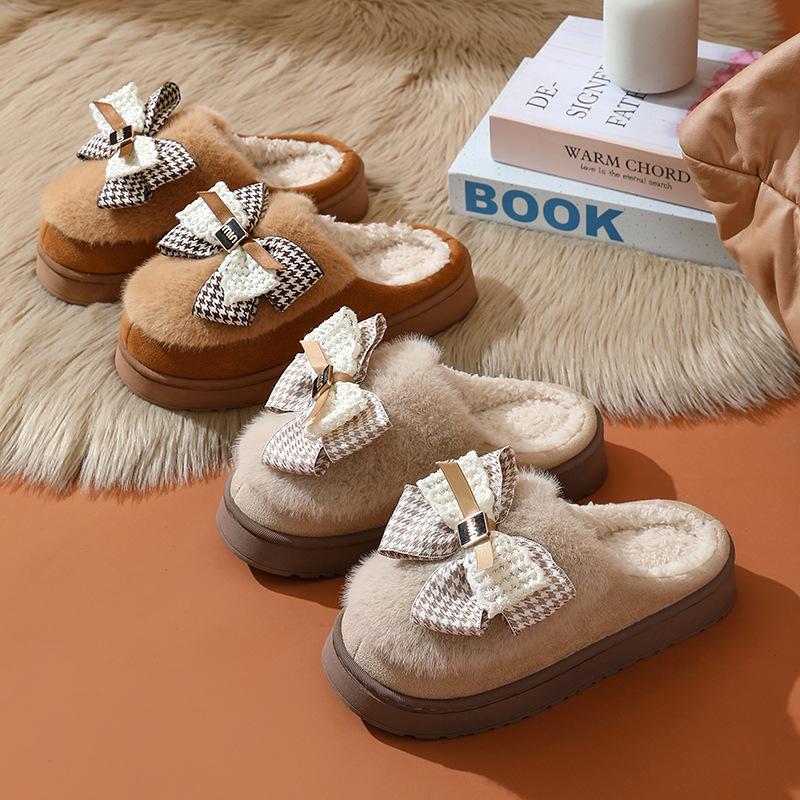 Bow Cotton Slippers Autumn and Winter Cotton Shoes Home Platform Warm Shoes Plush Household Wool Slippers