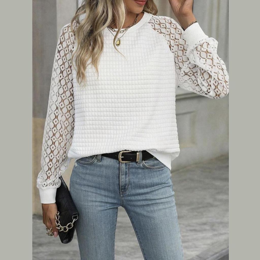Women's Sweatshirt Solid Color Loose Rhombus Top Stitching Lace Sleeves Casual Pullover