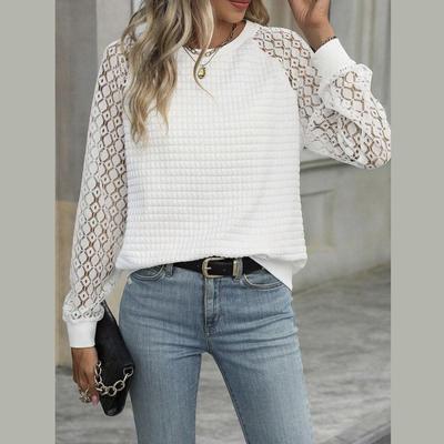 Women's Sweatshirt Solid Color Loose Rhombus Top Stitching Lace Sleeves Casual Pullover