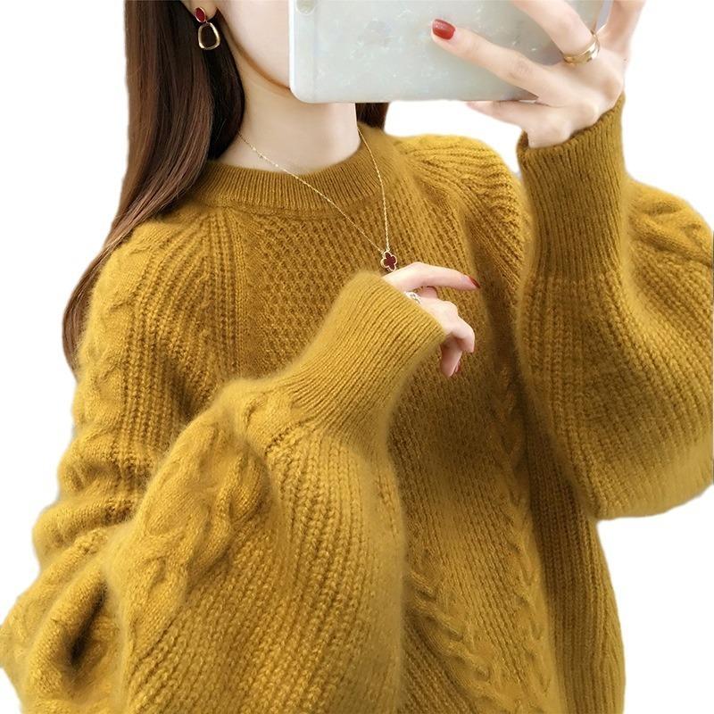 Autumn and Winter New Soft Waxy Loose and Thin Knitted Sweater Bottoming Top Women's Solid Color Lazy Round Neck Pullover Sweater Inside