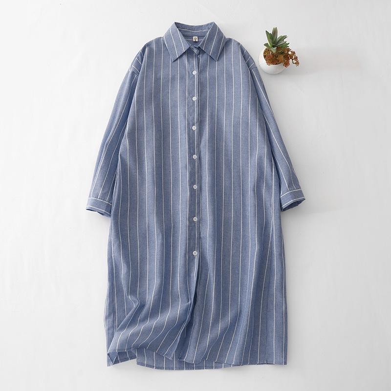 

2025 Spring New Polo Neck Long Sleeve Cotton and Linen Medium and Long Dress Women s Versatile Casual Striped Shirt Skirt M светло-синий