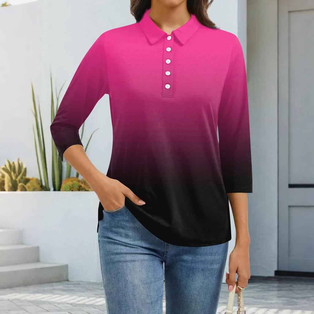 Dámská móda Ležérní klopa Krátký 3/4 rukáv Potisk Košile Dámské zapínací topy